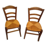 Pair of vintage wooden and woven straw chairs
