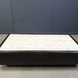 Leather and travertine coffee table attr to Desede, 1970s