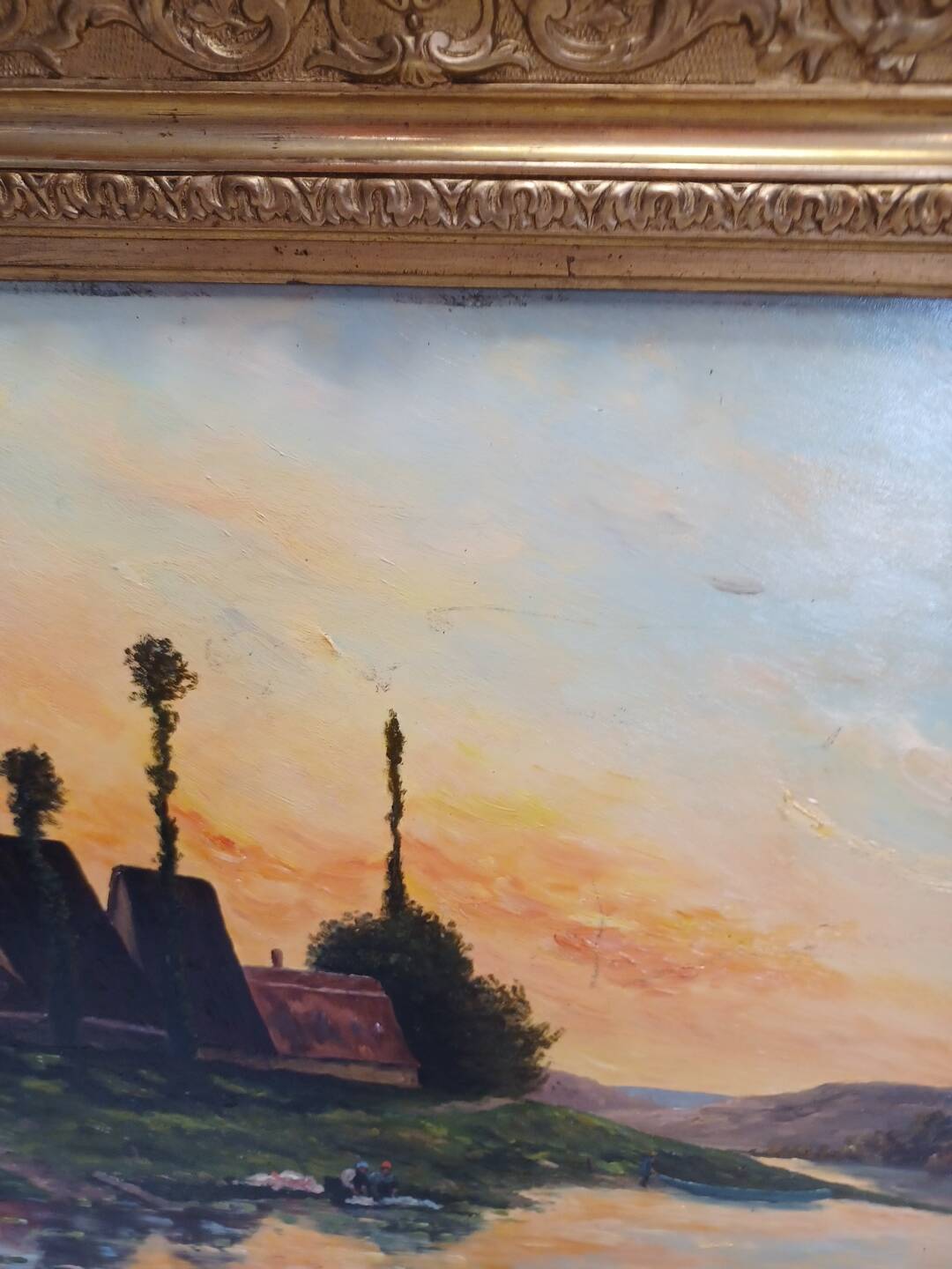 Large painting by Henry Jacques Delpy, Banks of the Seine at Dusk. Early 20th century.