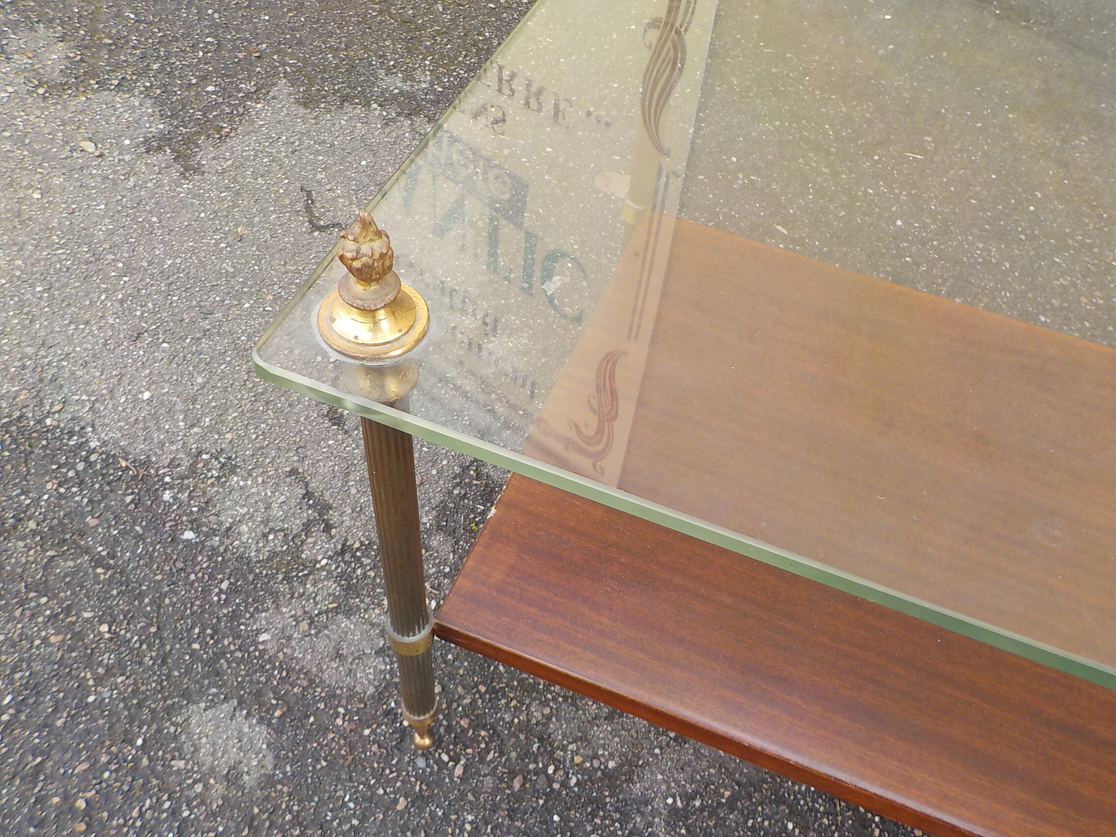 Coffee table or end of canape top glass and wood under bronze frame