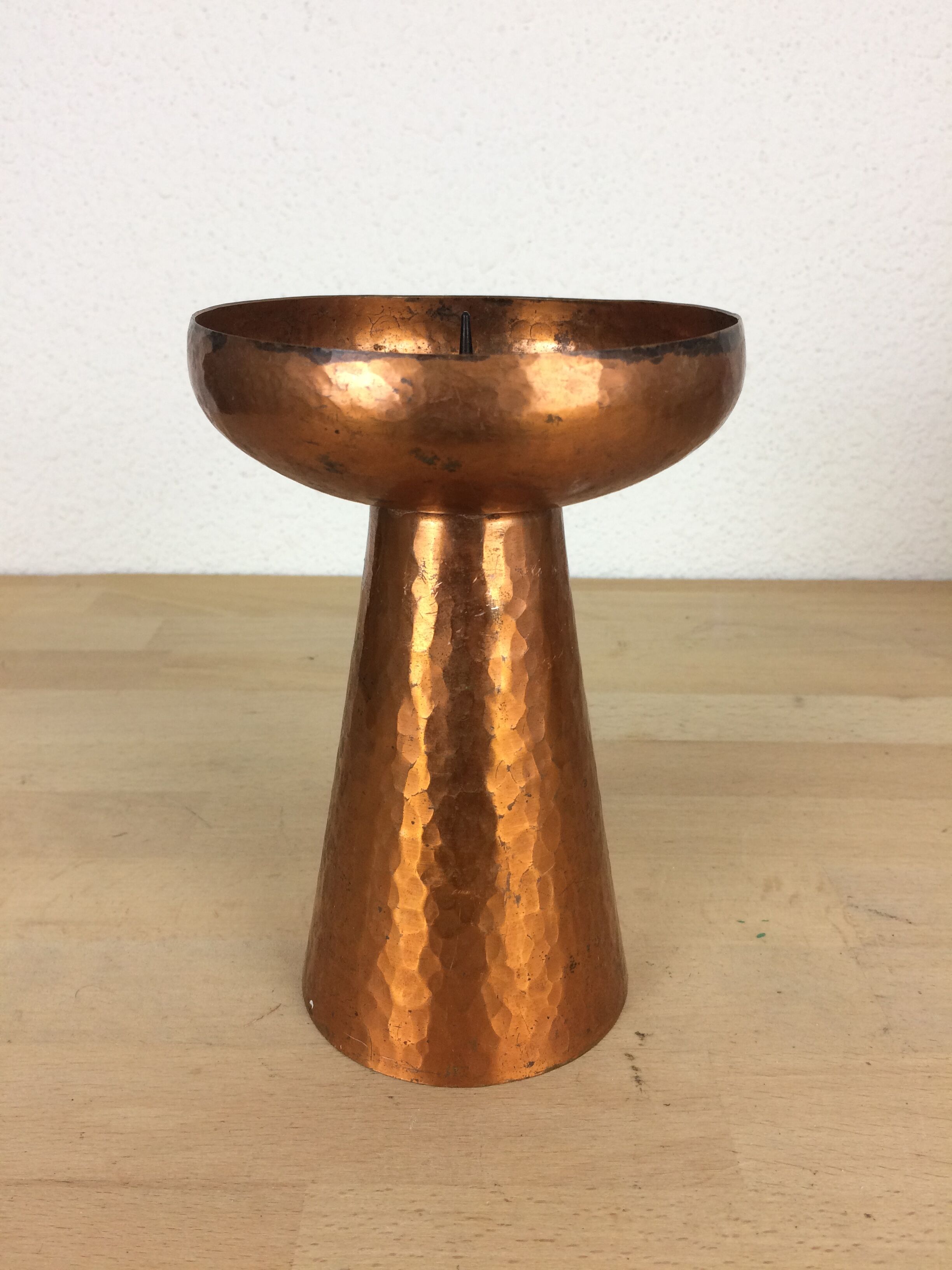 Modernist Scandinavian candle holder in hammered copper