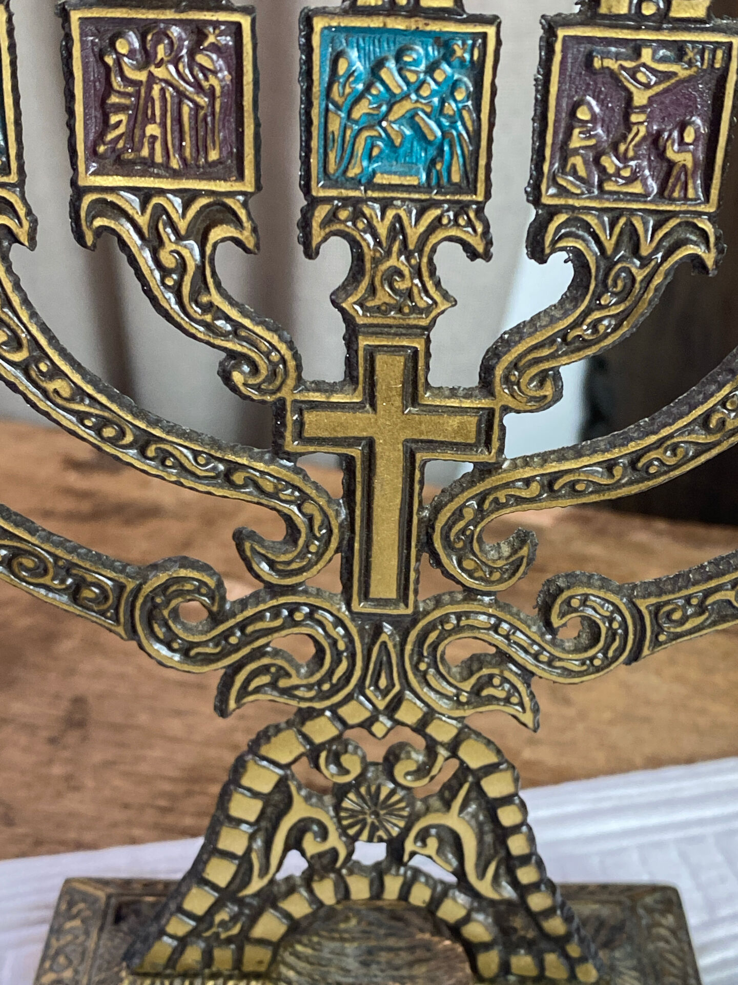 Seven-branched candelabrum, Judeo-Christian, brass and enamel
