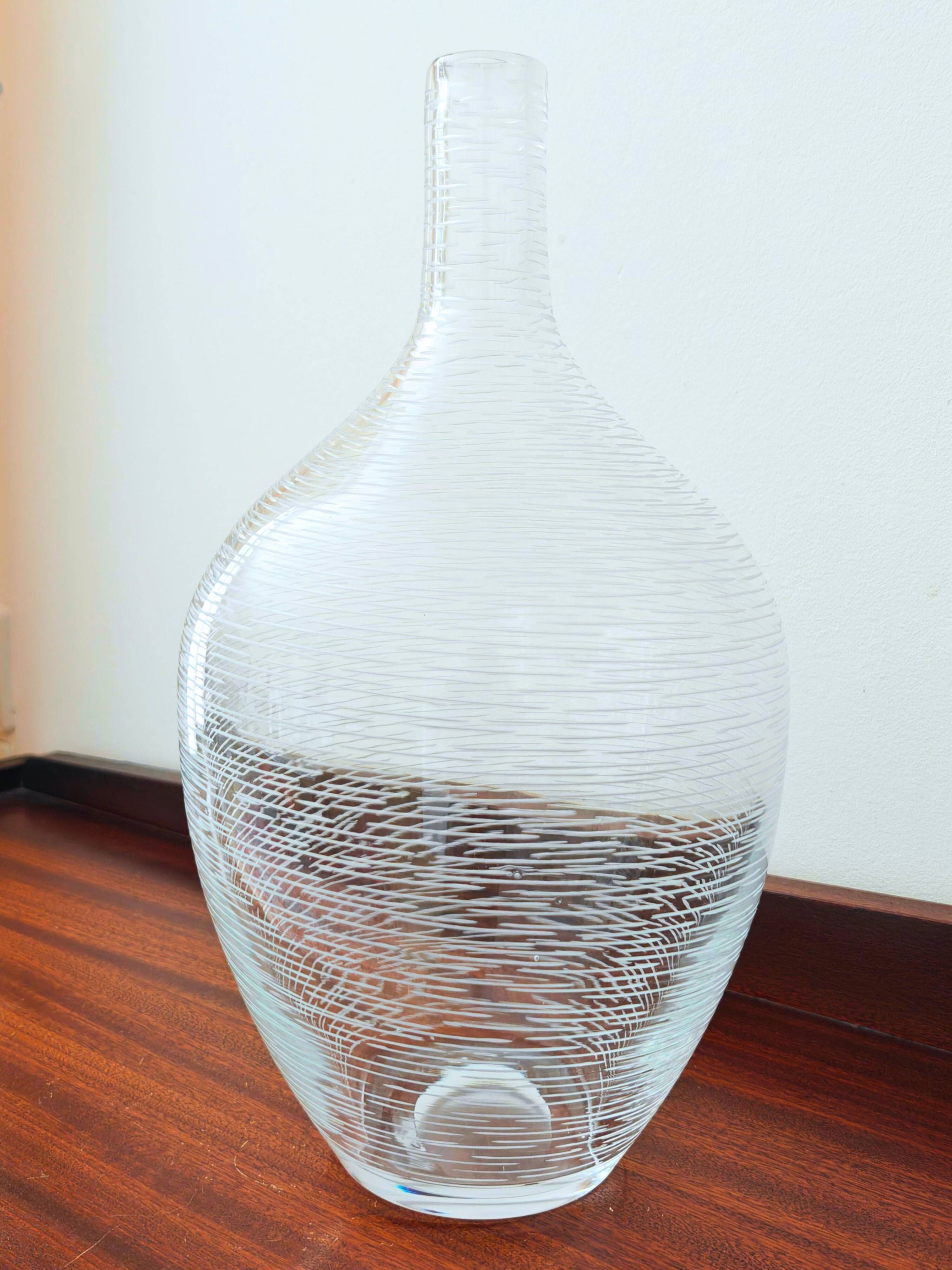 Large ribbed blown glass bottle vase - 1970s
