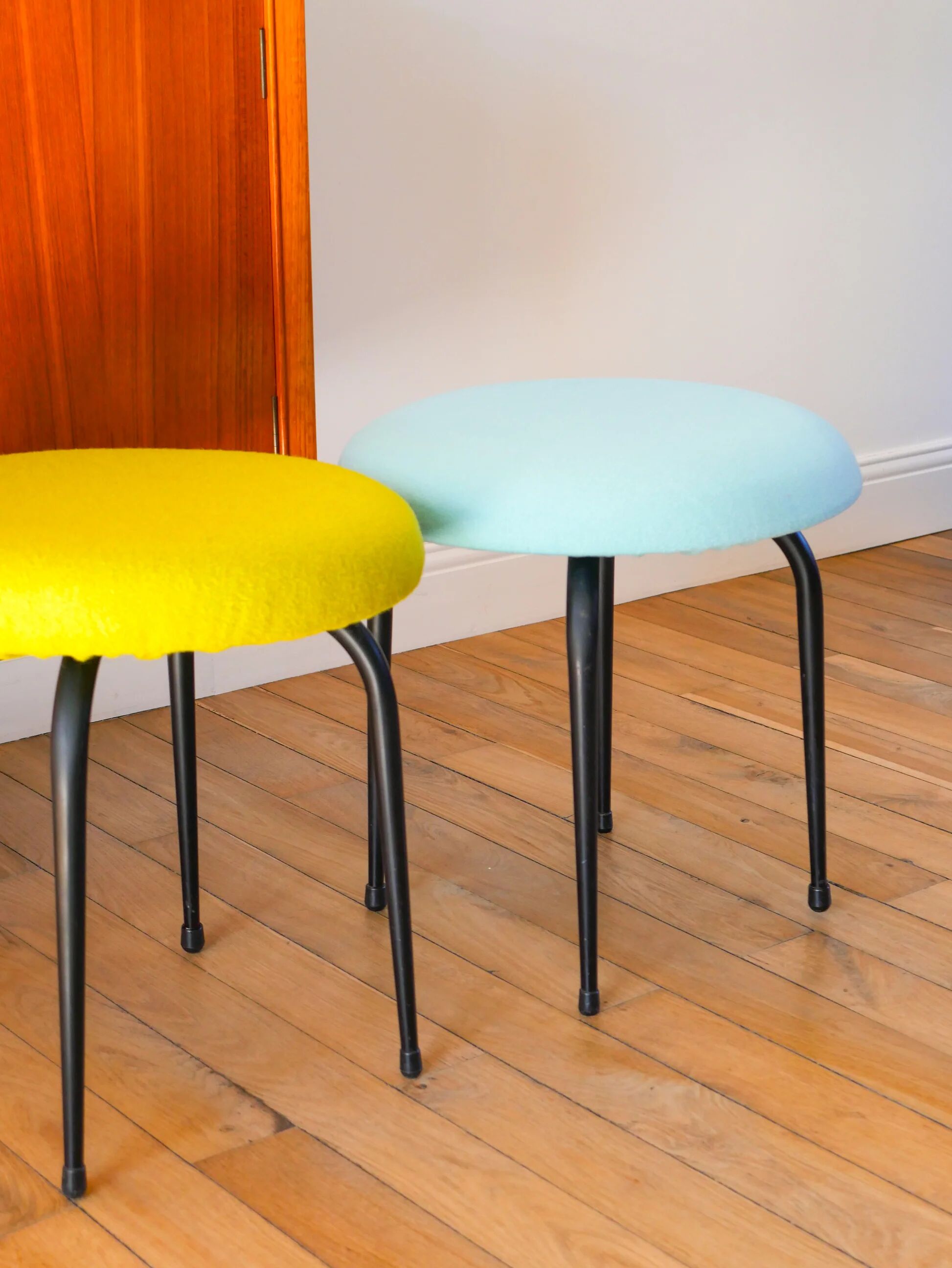 Black iron stool and boiled wool, turquoise blue, 1960