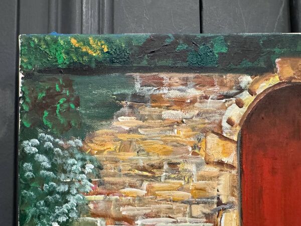 Huile sur toile par Claude Claveau mur à la porte rouge XXe