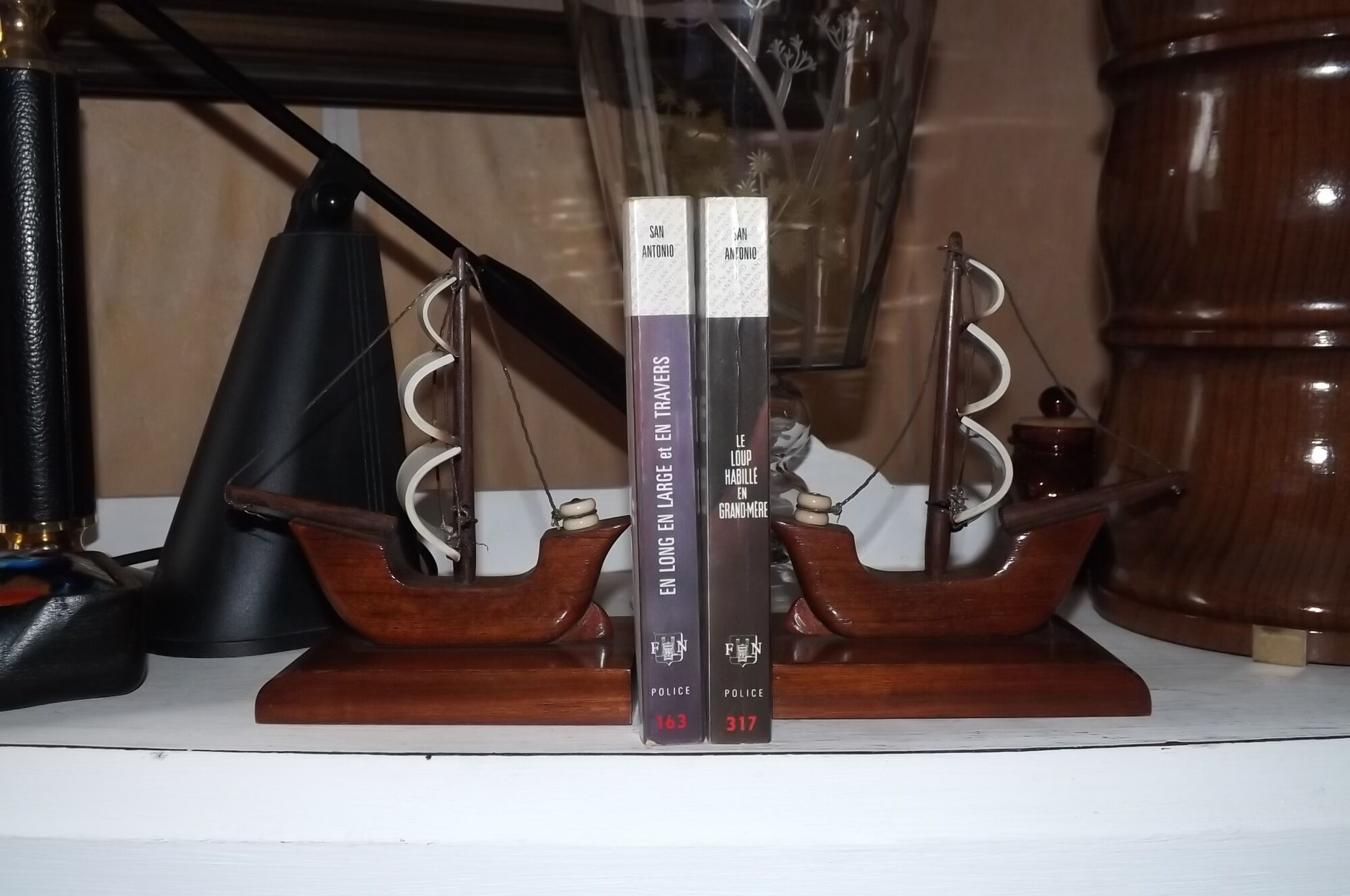 Serre livres palissandre et os bateau art déco 1940/1950