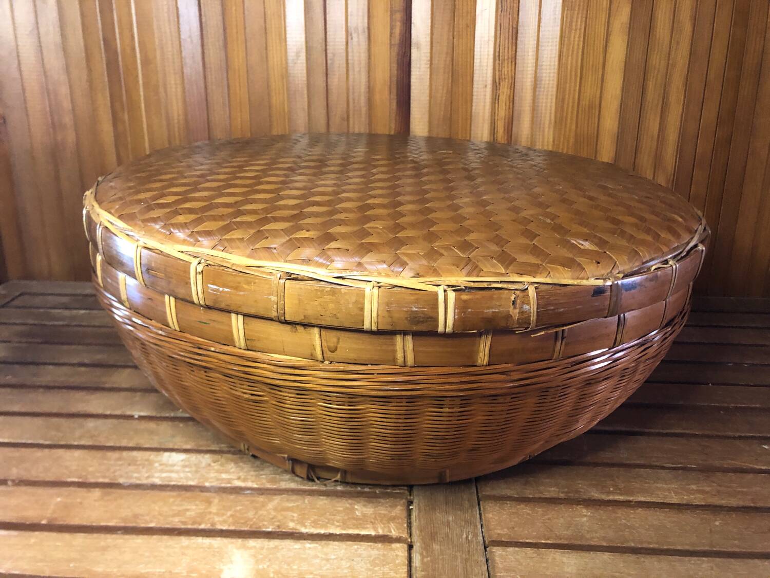 Old vintage rattan & woven straw basket