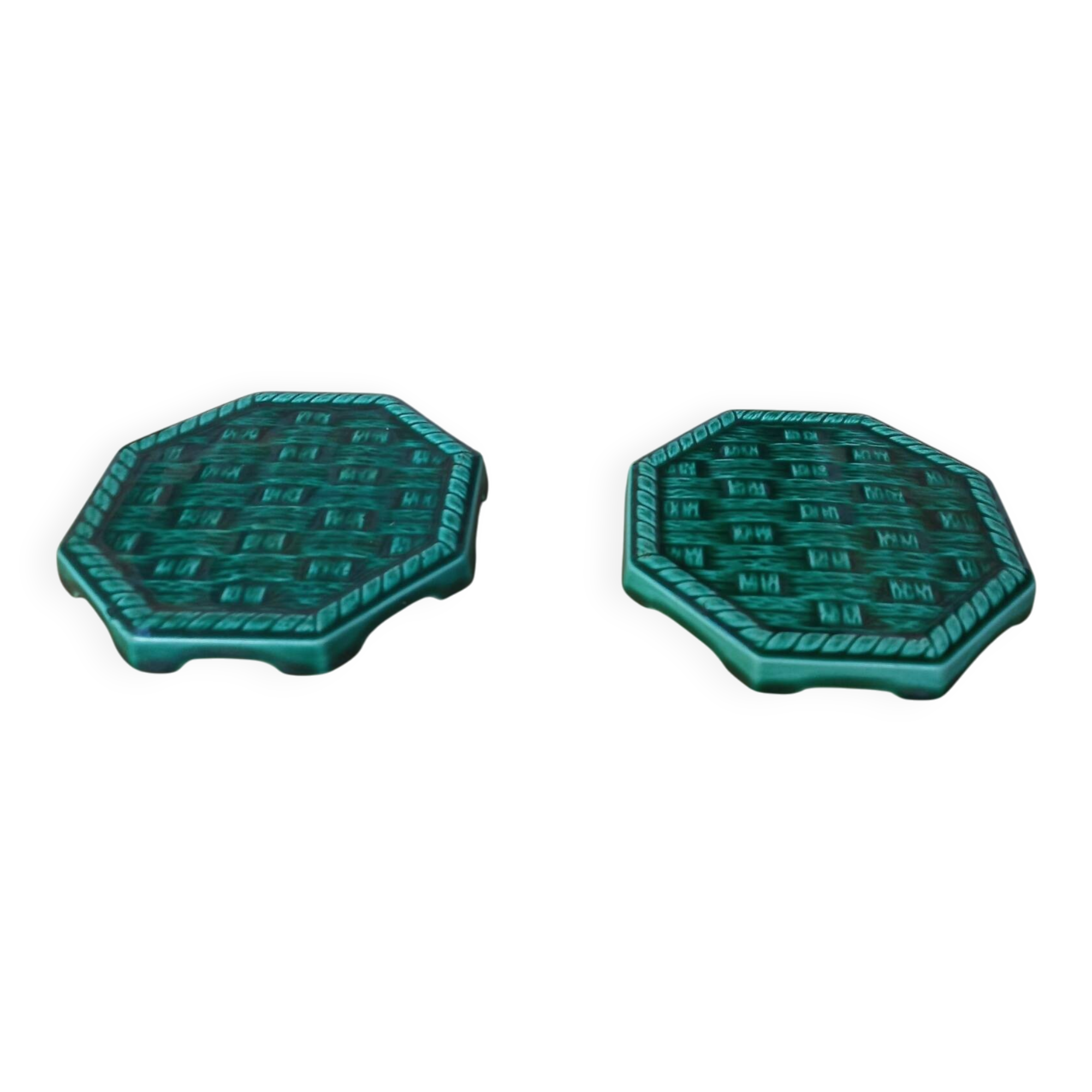 Pair of Digoin Sarreguemines barbotine bottle coasters