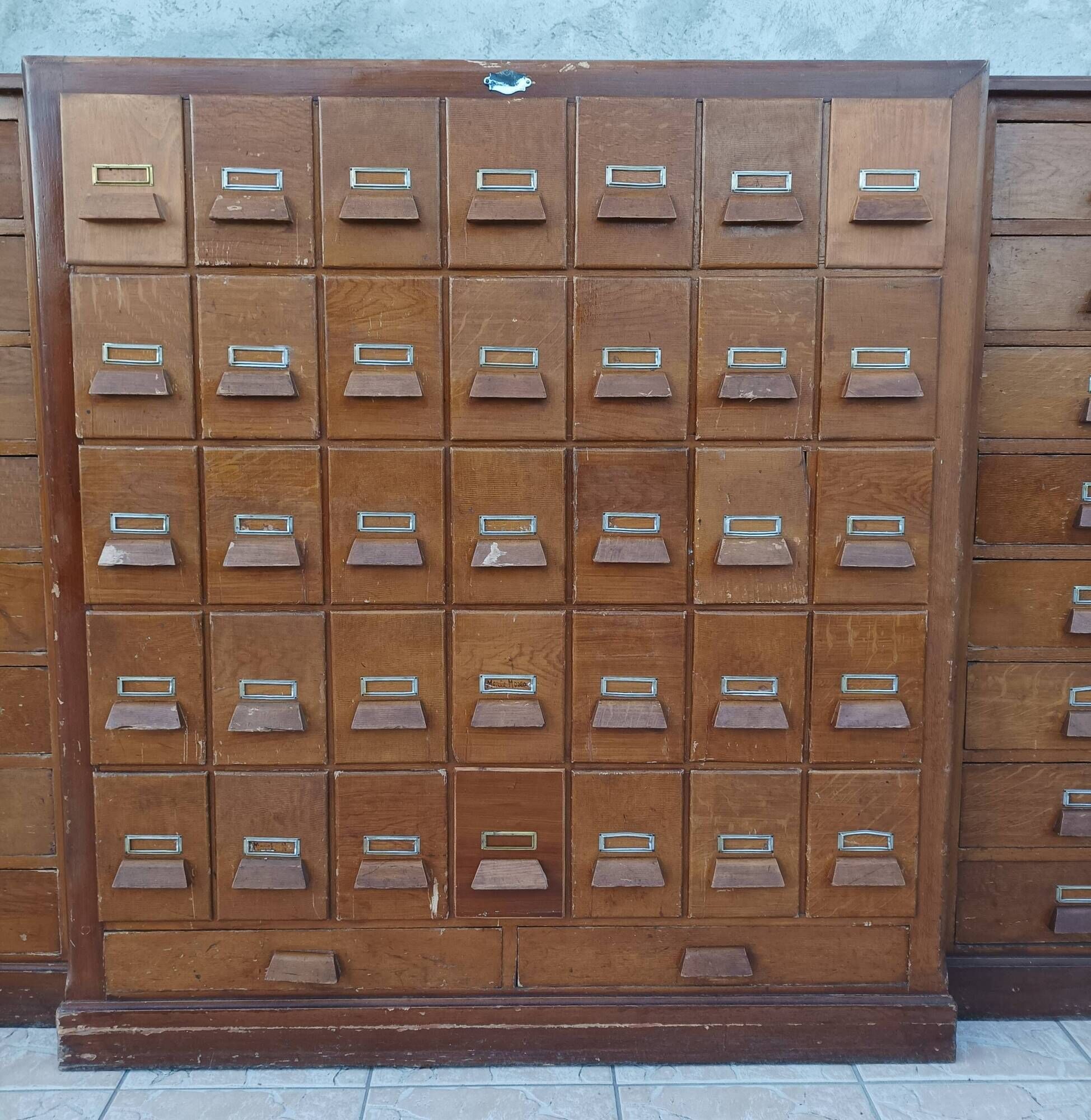 Apothecary or trade cabinet in fir with 53 drawers.