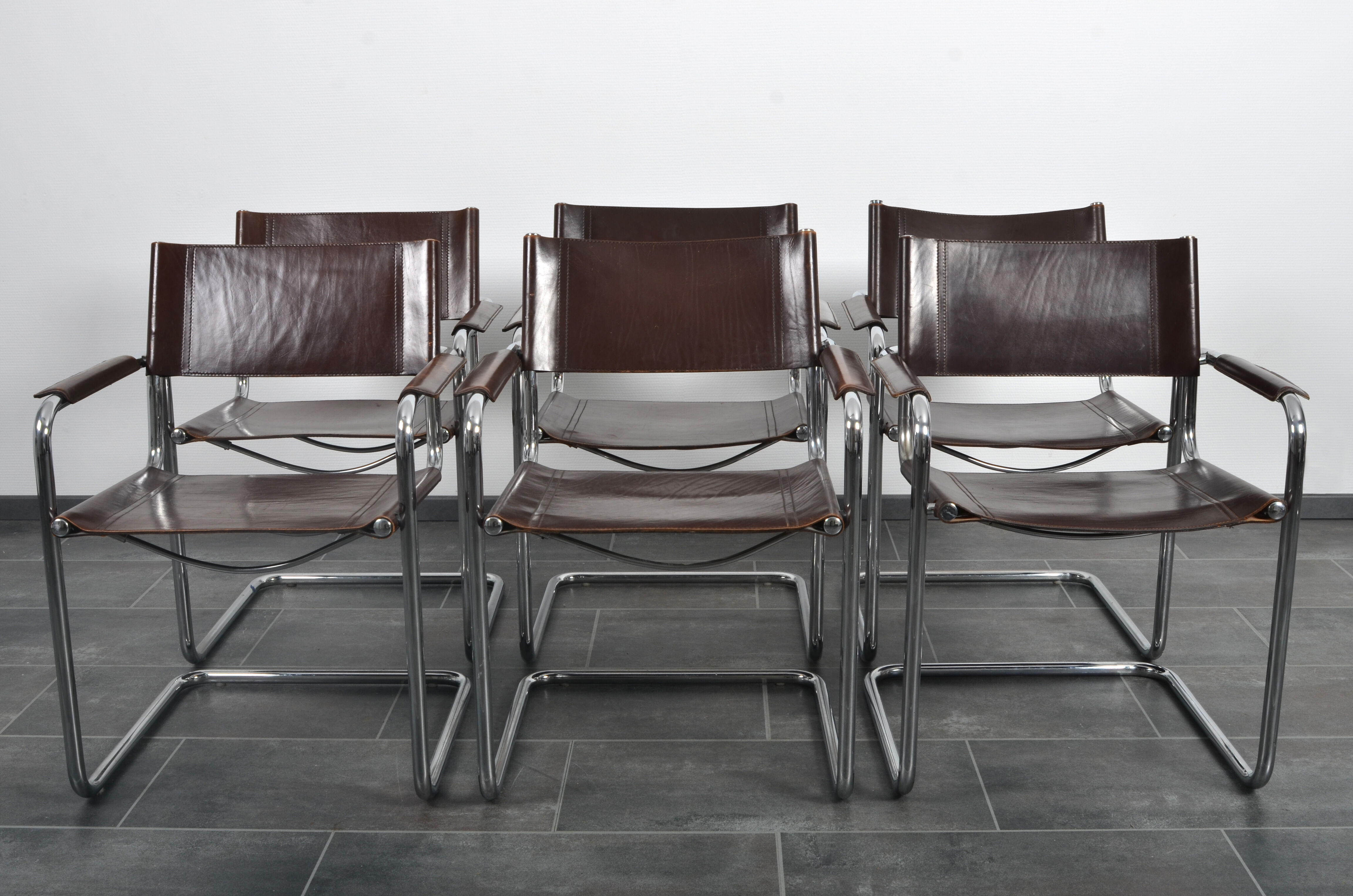 Set of 5 Cantilever MG5 chairs by Matteo Grassi in brown leather