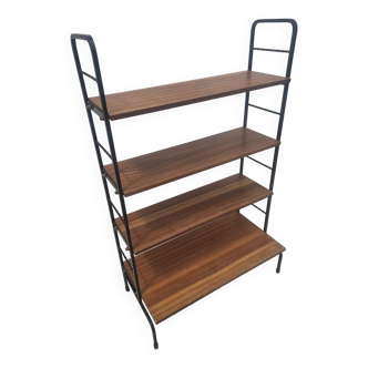 Meuble étagère sur pieds bois et fer forgé années 50