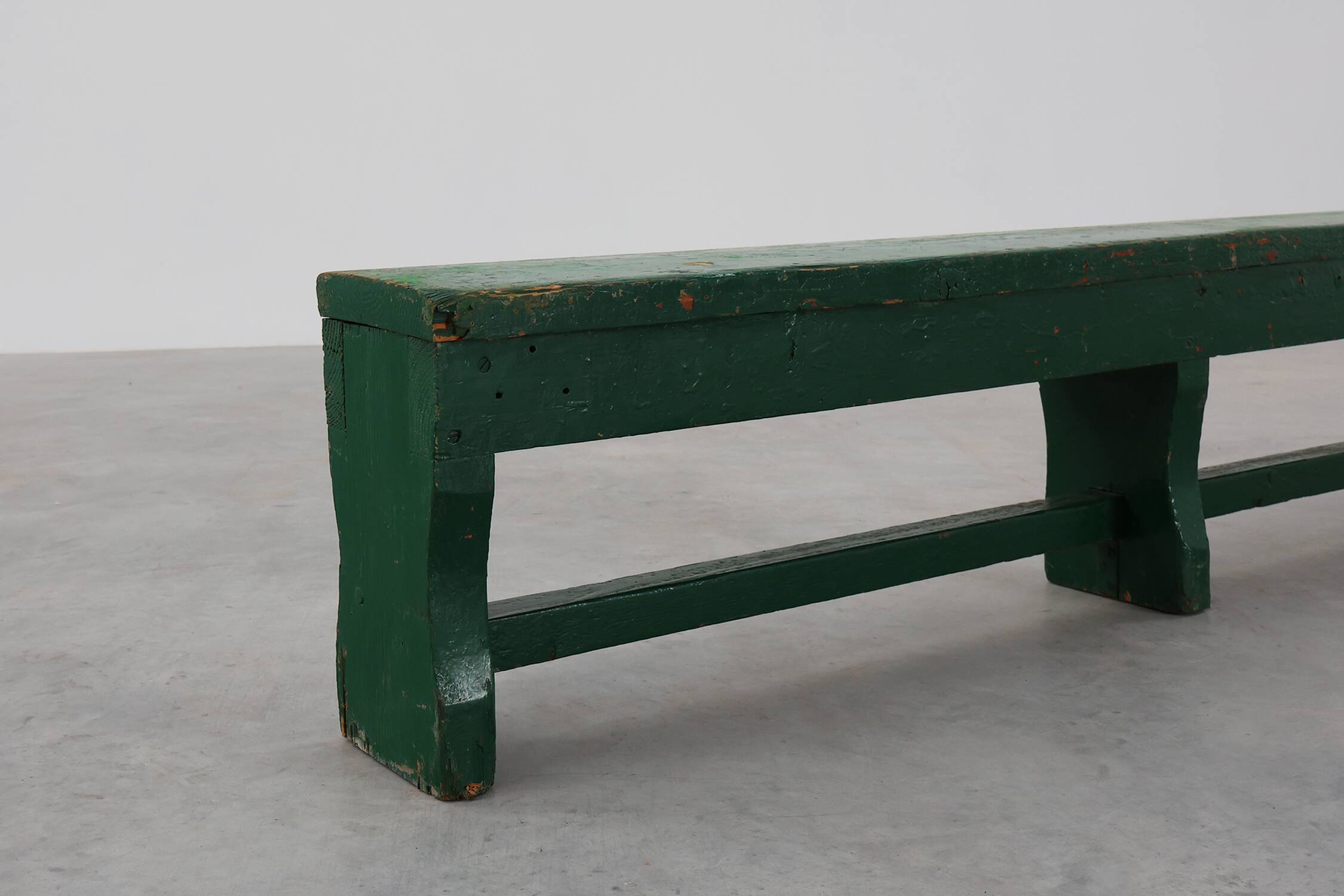 Rustic primitive green farmhouse bench in solid oak, France ca. 1900