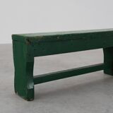 Rustic primitive green farmhouse bench in solid oak, France ca. 1900