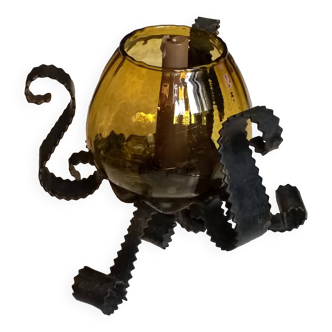 Wrought iron tealight candle holder and vintage amber glass globe