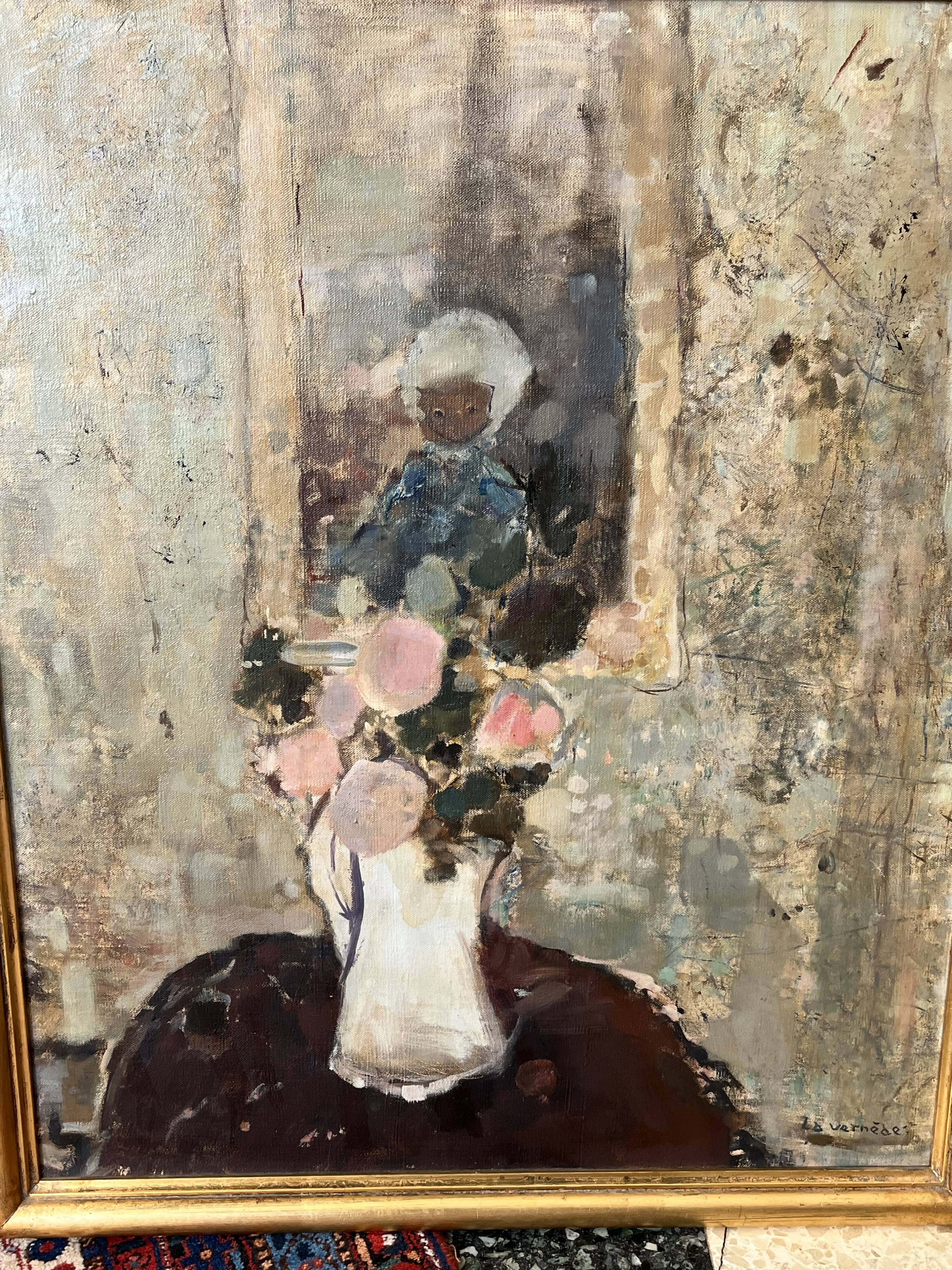 Painting by La Vernède (1899-1971), Flower Pot with Mirror.