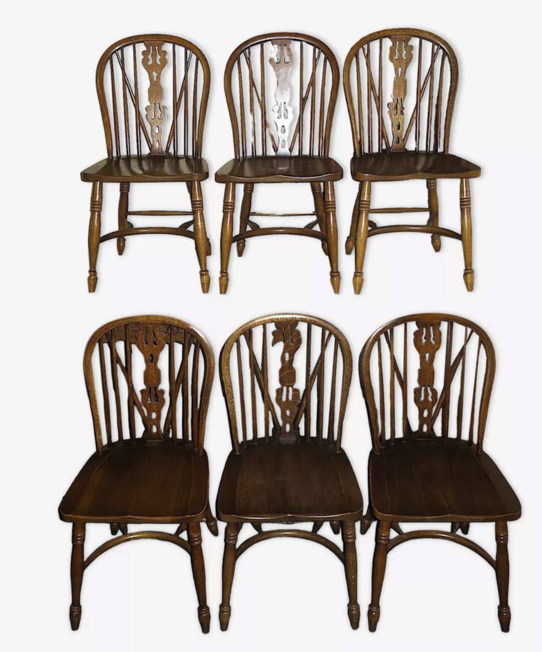 Ensemble de 6 chaises Windsor à dossier lyre en chêne massif, milieu du siècle, années 1960