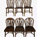 Ensemble de 6 chaises Windsor à dossier lyre en chêne massif, milieu du siècle, années 1960