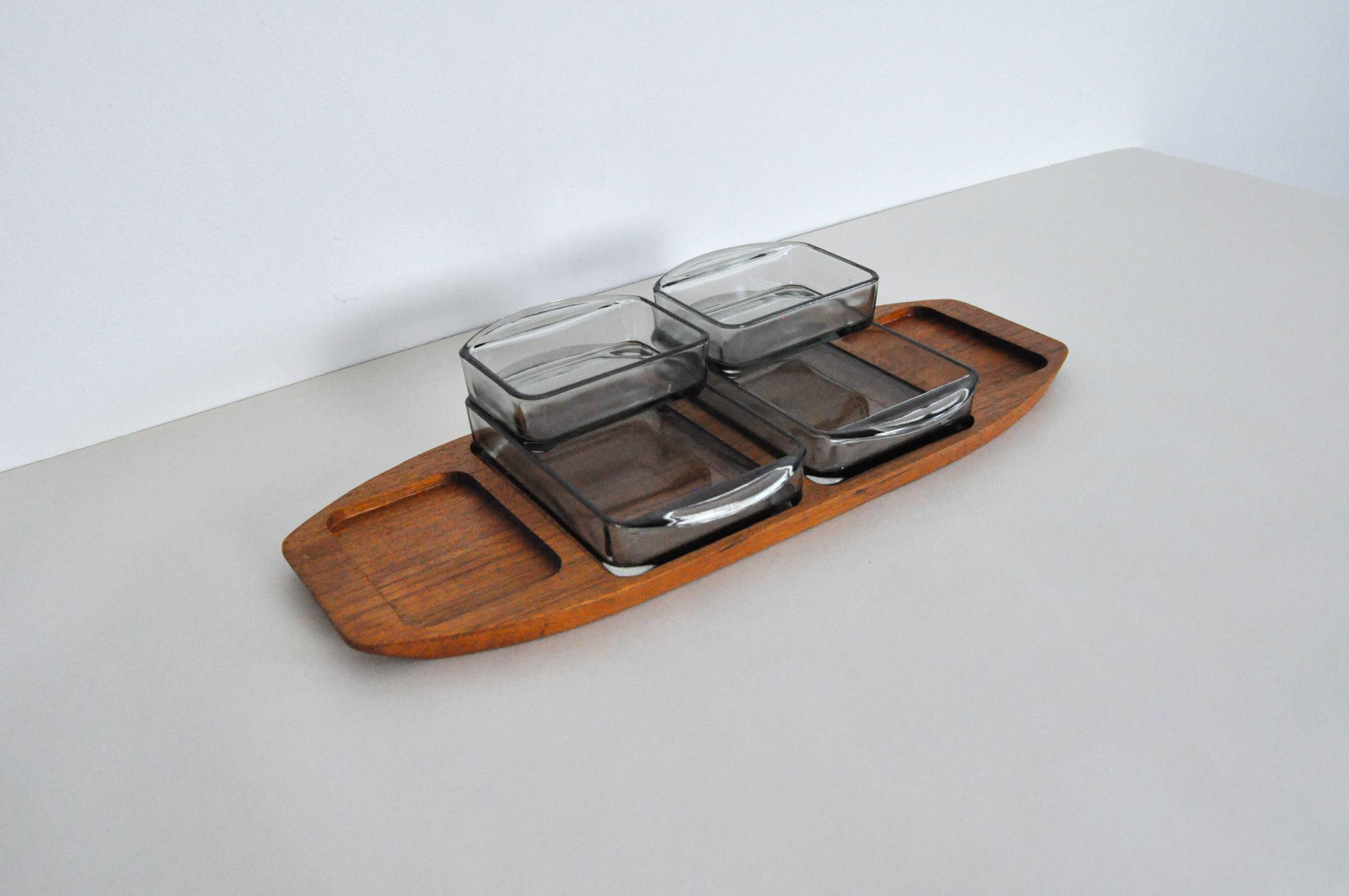Danish Modern Teak Serving Tray with Glass Bowls, Denmark, 1960s