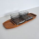 Danish Modern Teak Serving Tray with Glass Bowls, Denmark, 1960s