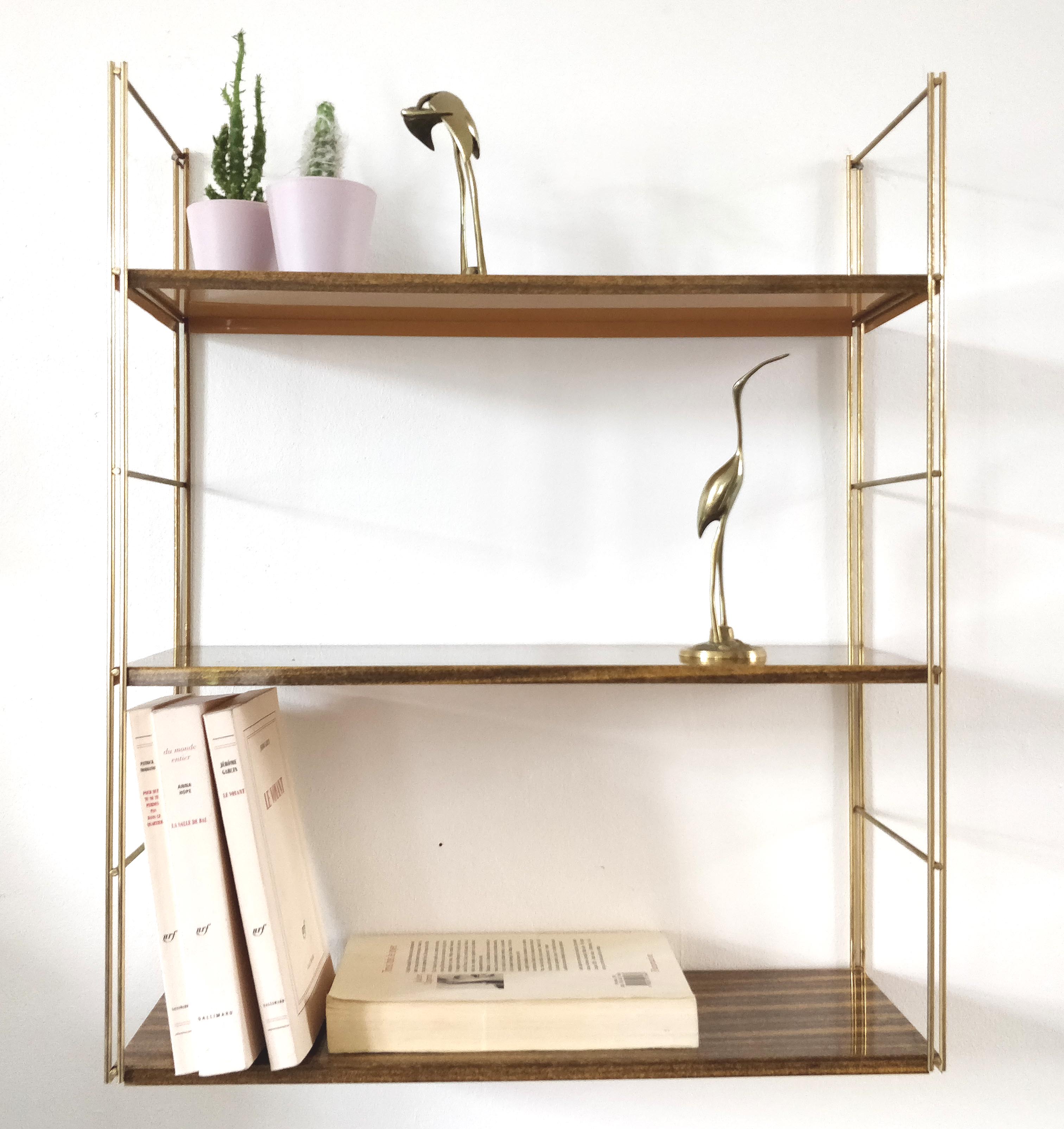 Brown metal string shelf and gilded studs 1960