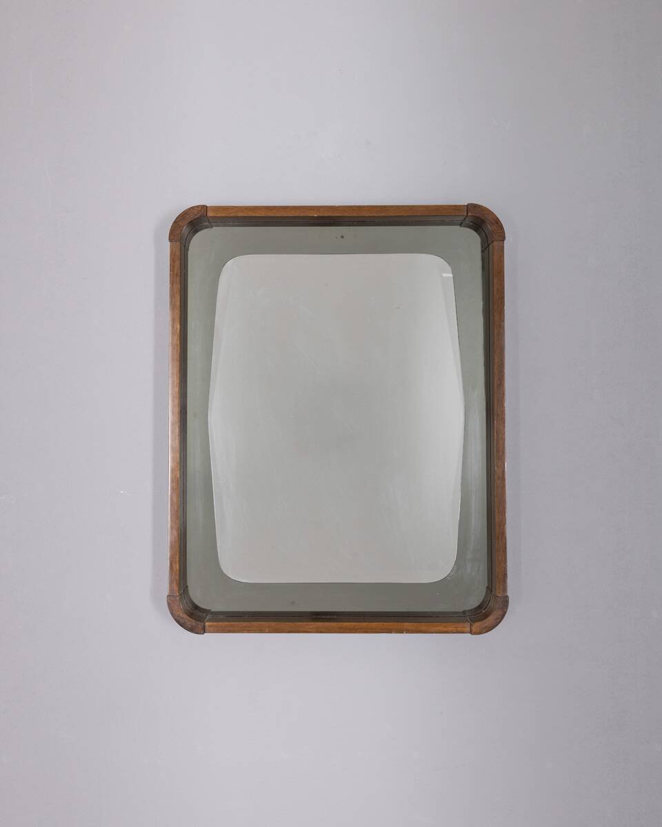 VINTAGE 1960S WALL MIRROR IN WOOD AND SMOKED GLASS, ITALIAN DESIGN