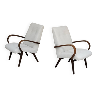 Paire de fauteuils Jaroslav Smidek pour Ton Bystrice restaurés bouclette blanche 1960