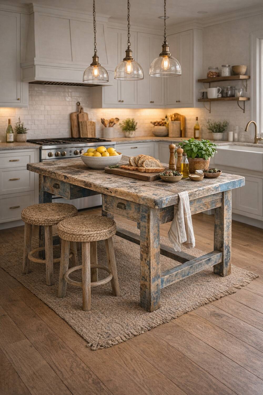 Blue patina beech drawer console established in 1940.