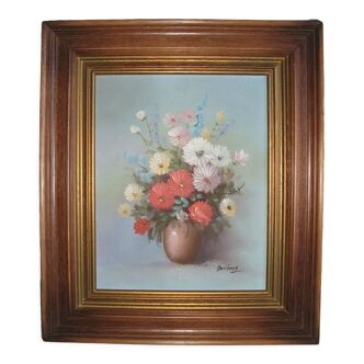 Tableau bouquet de fleurs multicolores peinture huile sur toile signé domberg