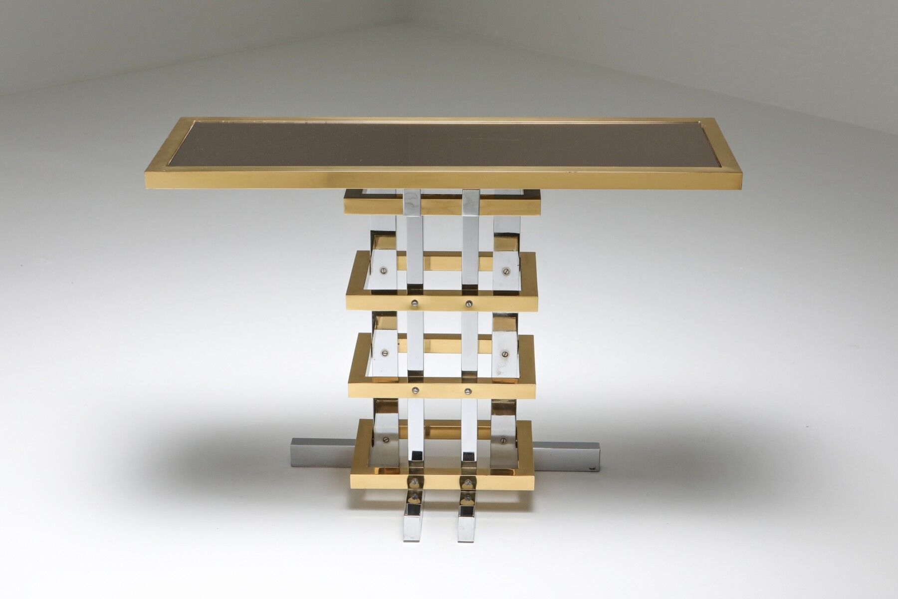 Brass and chrome console with 1970 Duchise glass tray