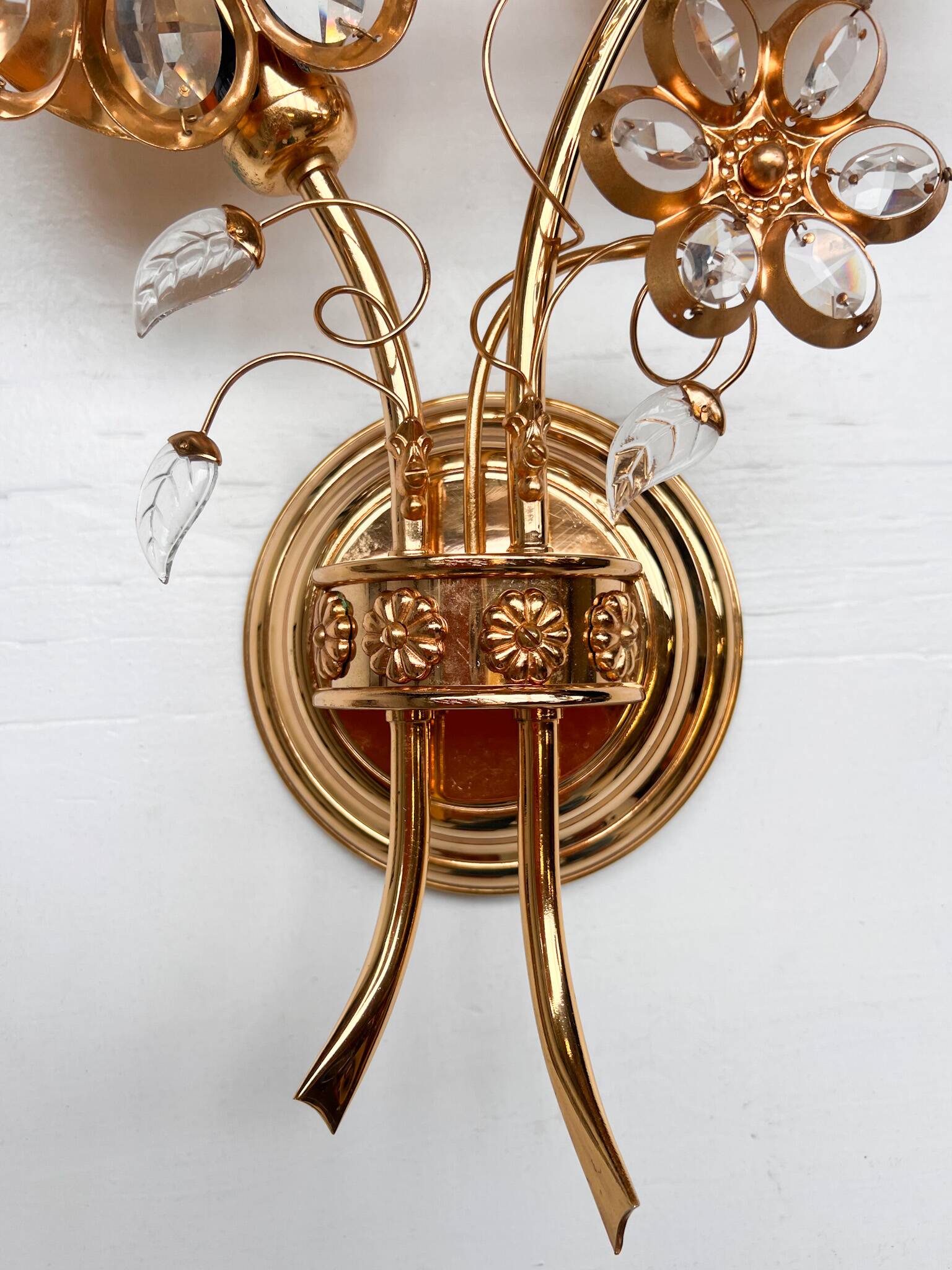 Brass and crystal art deco wall lamp attributed to palwa, 1960s