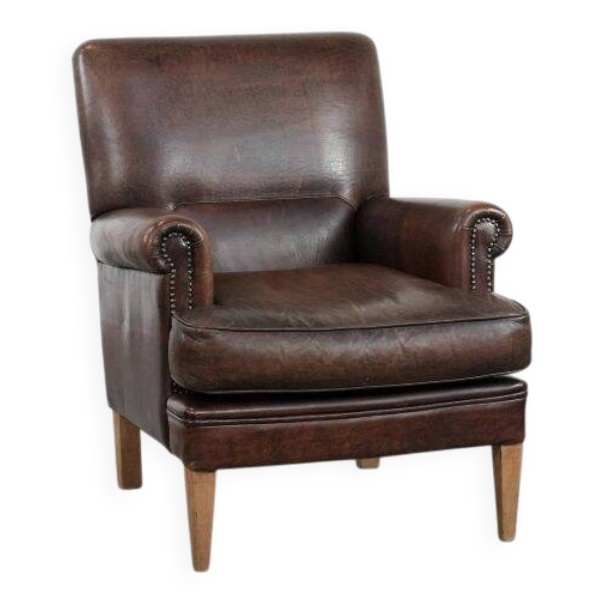 Characterful sheep leather armchair with a beautiful deep colour