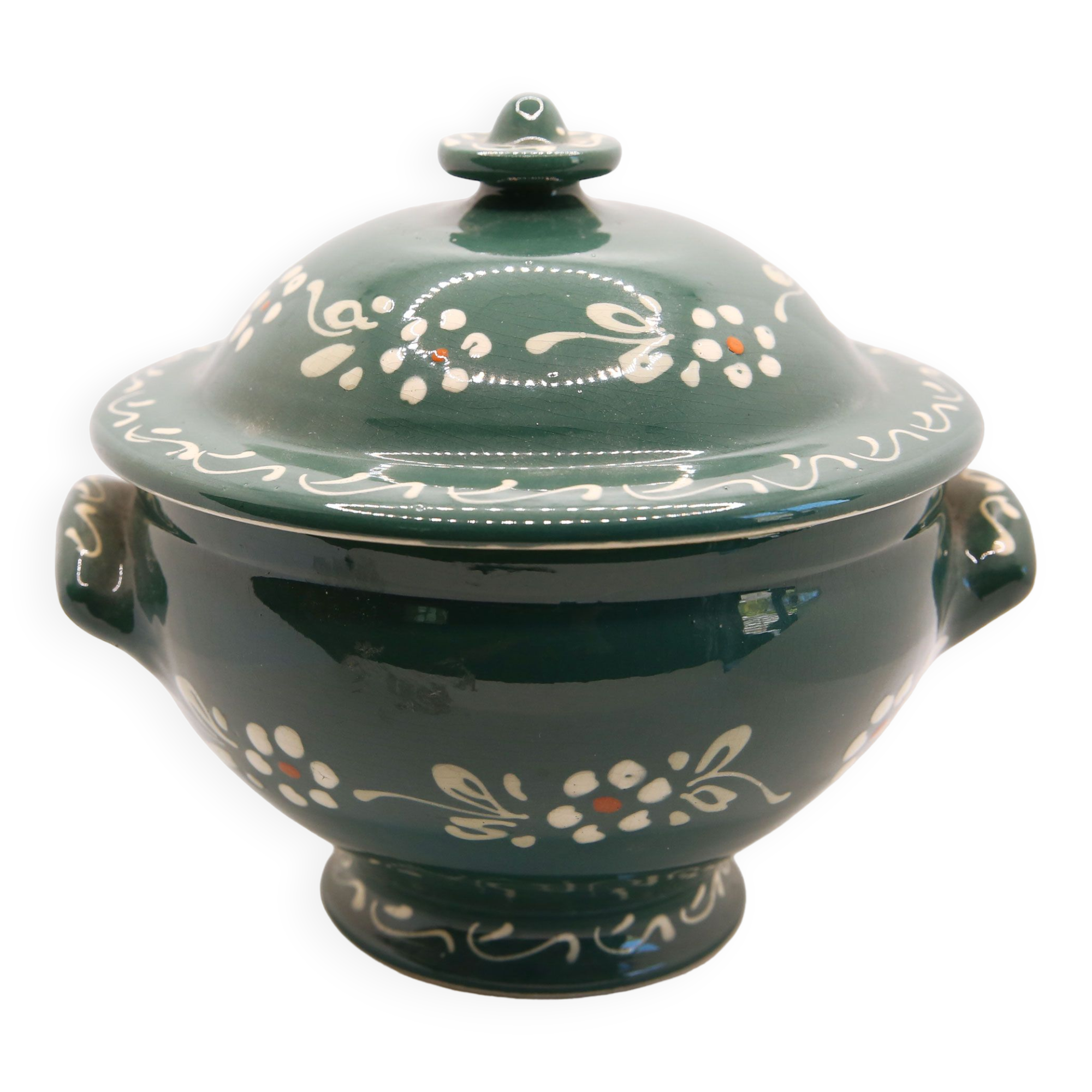 Soupière Légumier artisanal alsacien vert aux fleurs