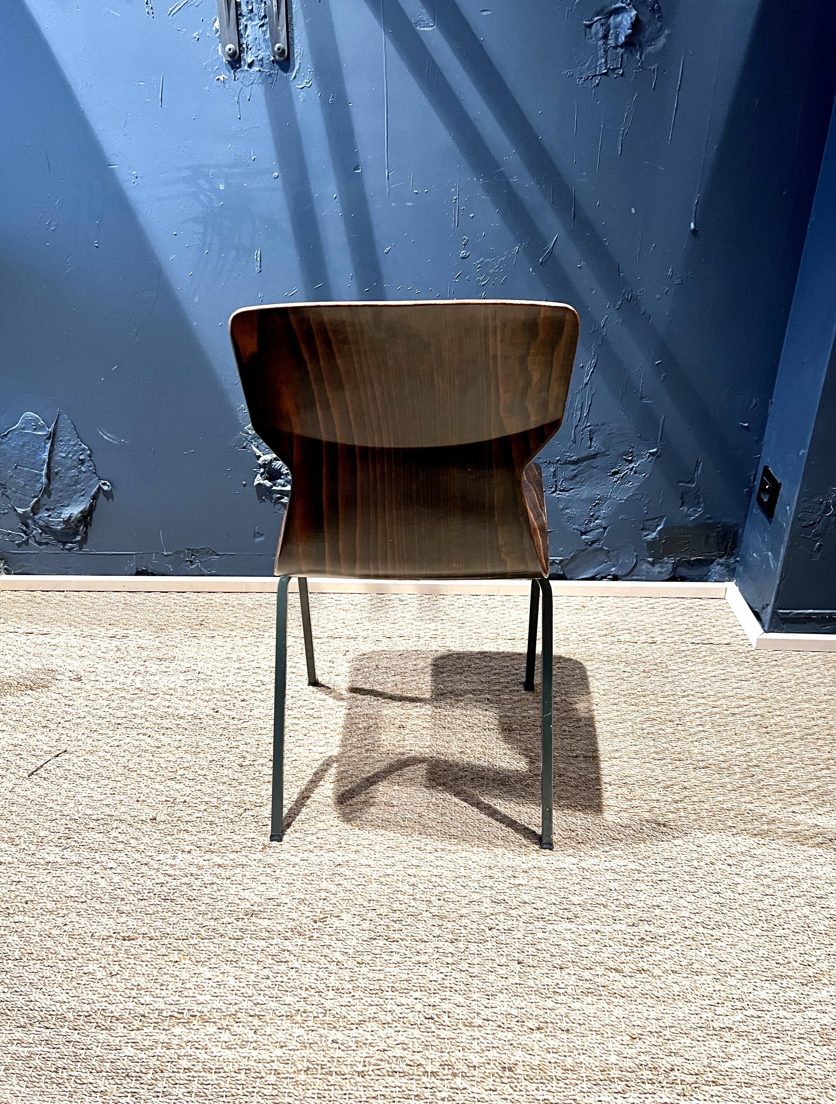 Set of 8 wenge wood chairs and gray green steel