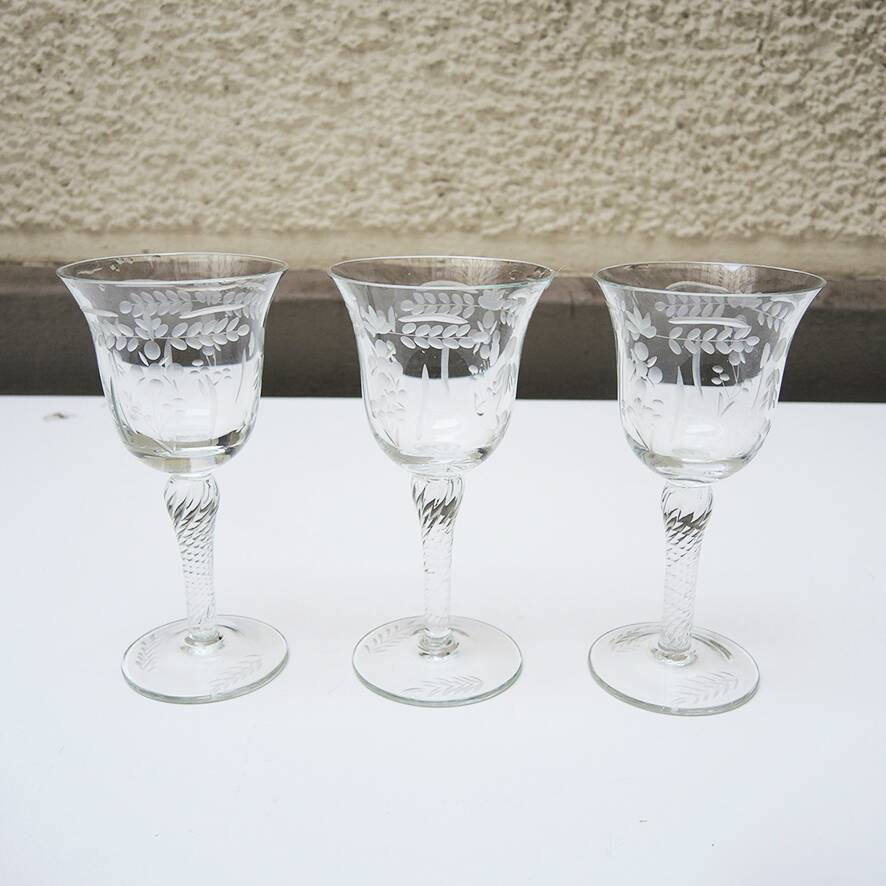 3 old stemmed glasses - engraved plant decor