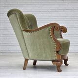 1960s, Danish armchair, green furniture velour, carved oak wood.
