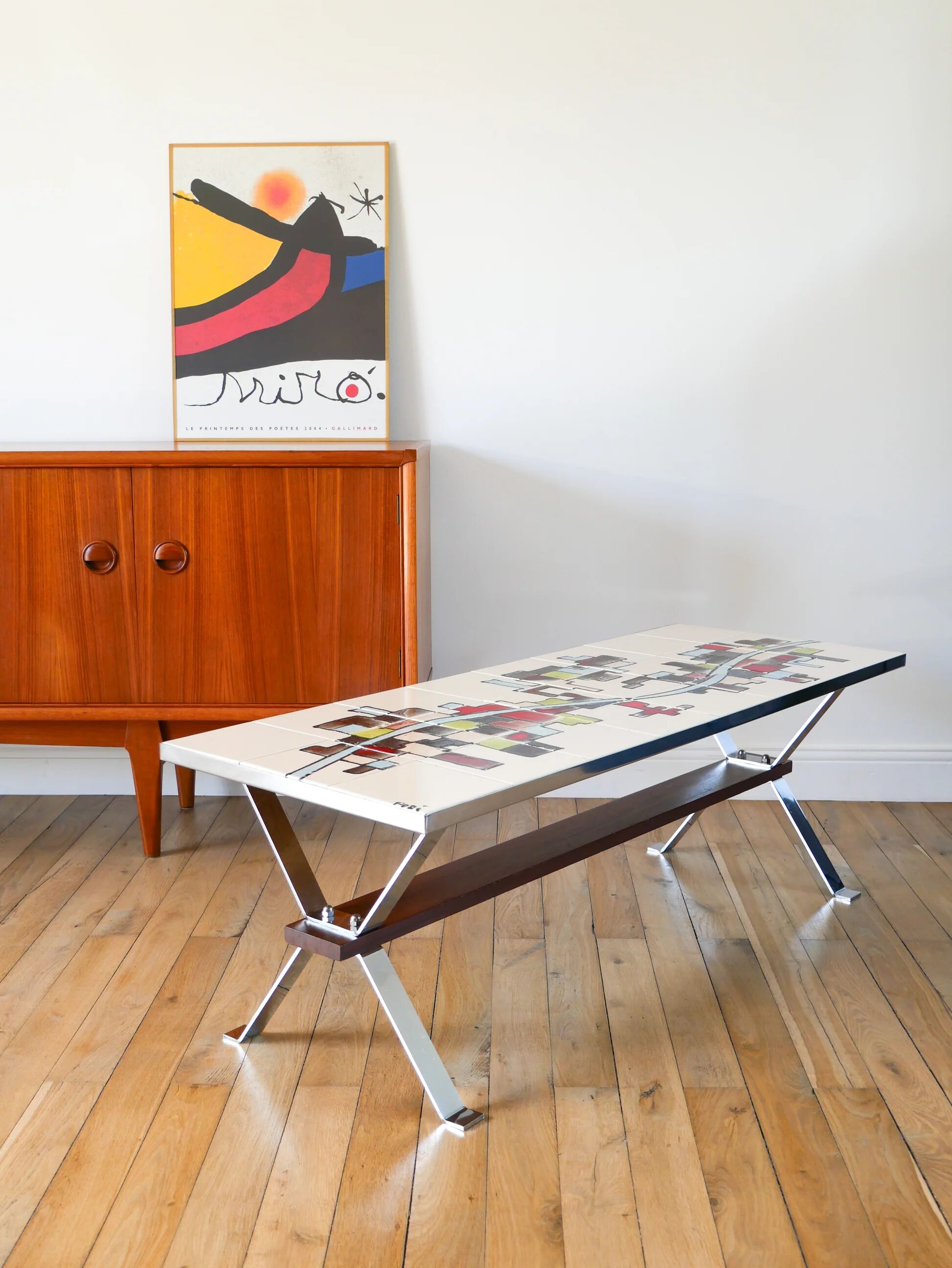 Ceramic coffee table, chrome and teak legs, Space Age, signed, 1970.
