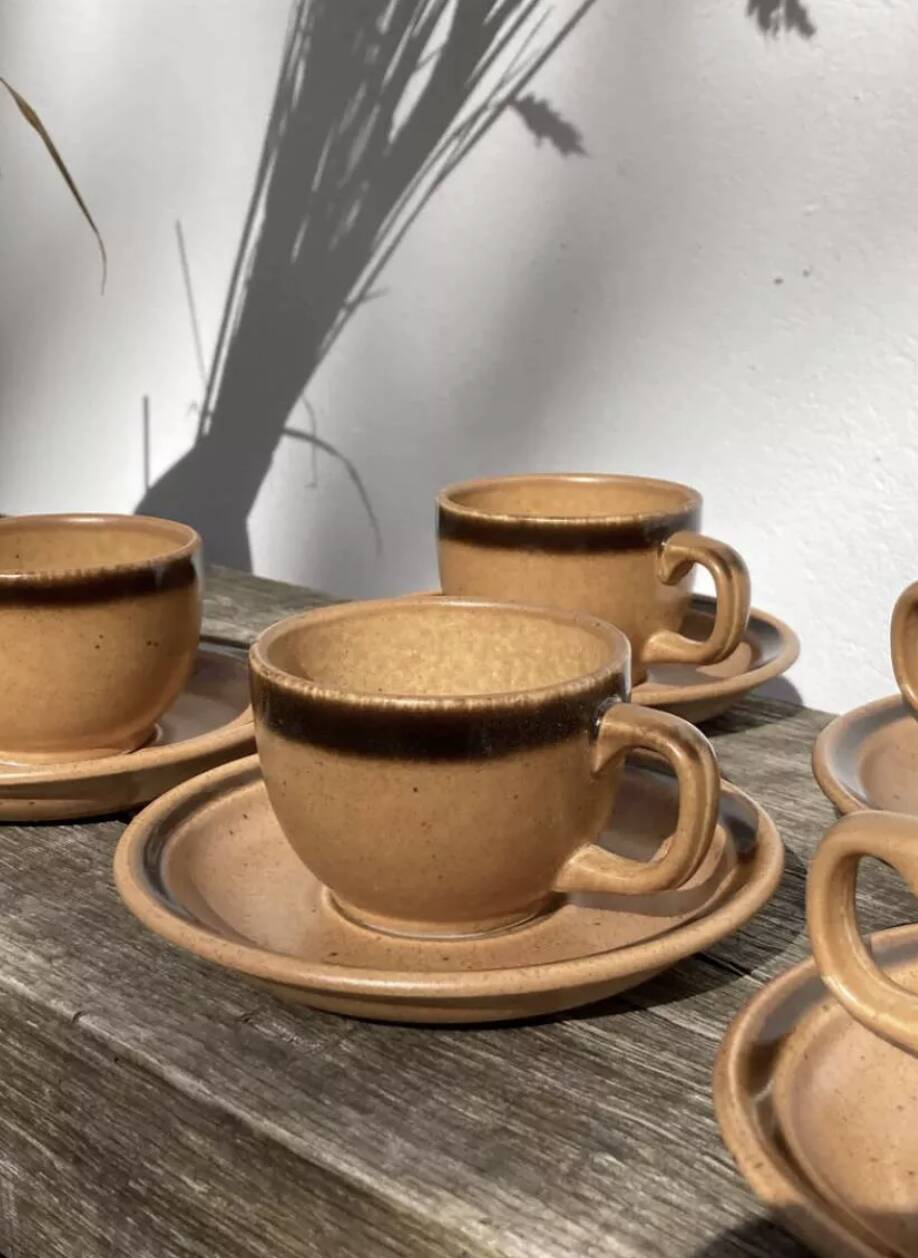 Vintage 1970s stoneware coffee cups and saucers