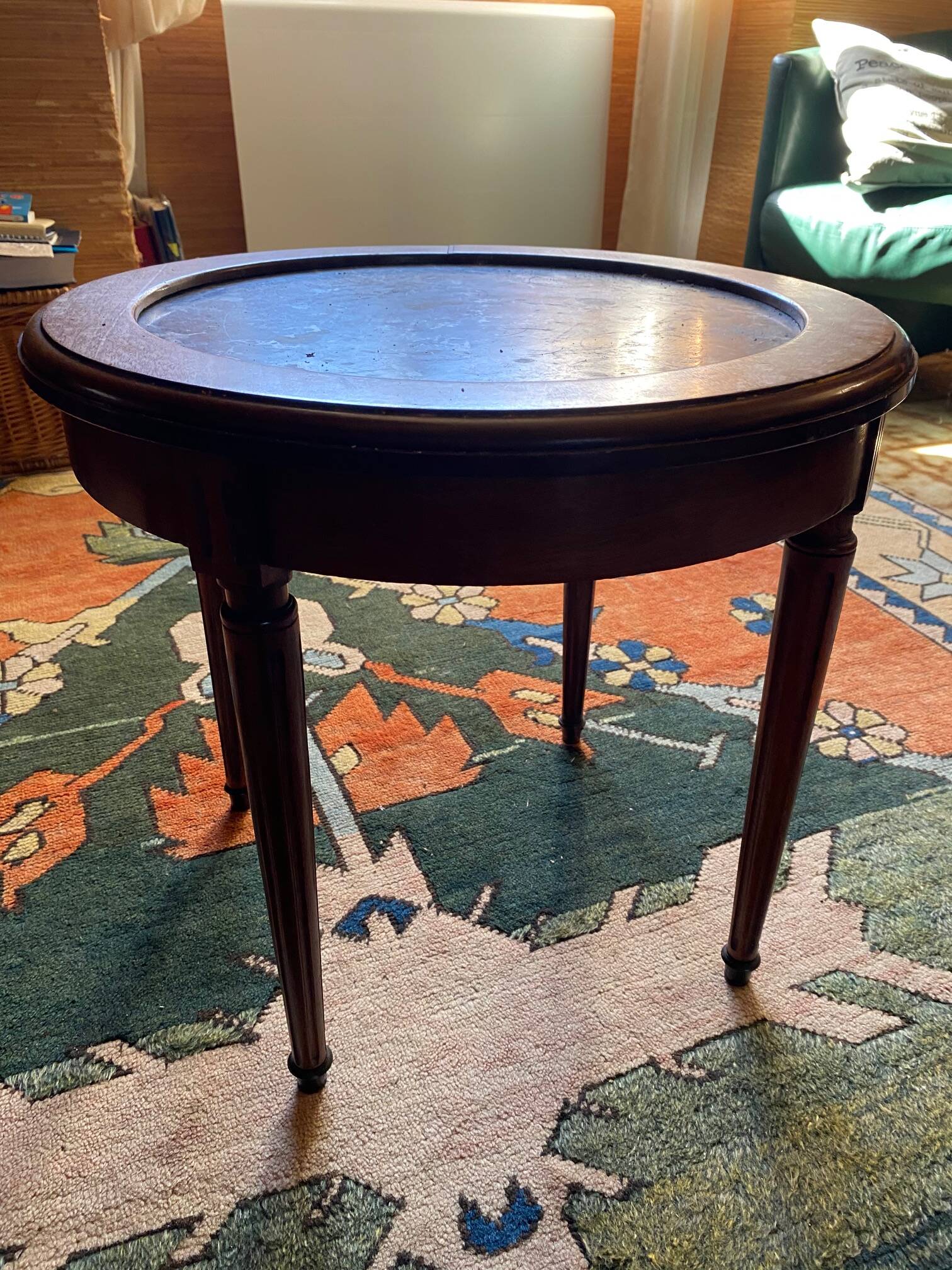 Round oak serving table with marble top