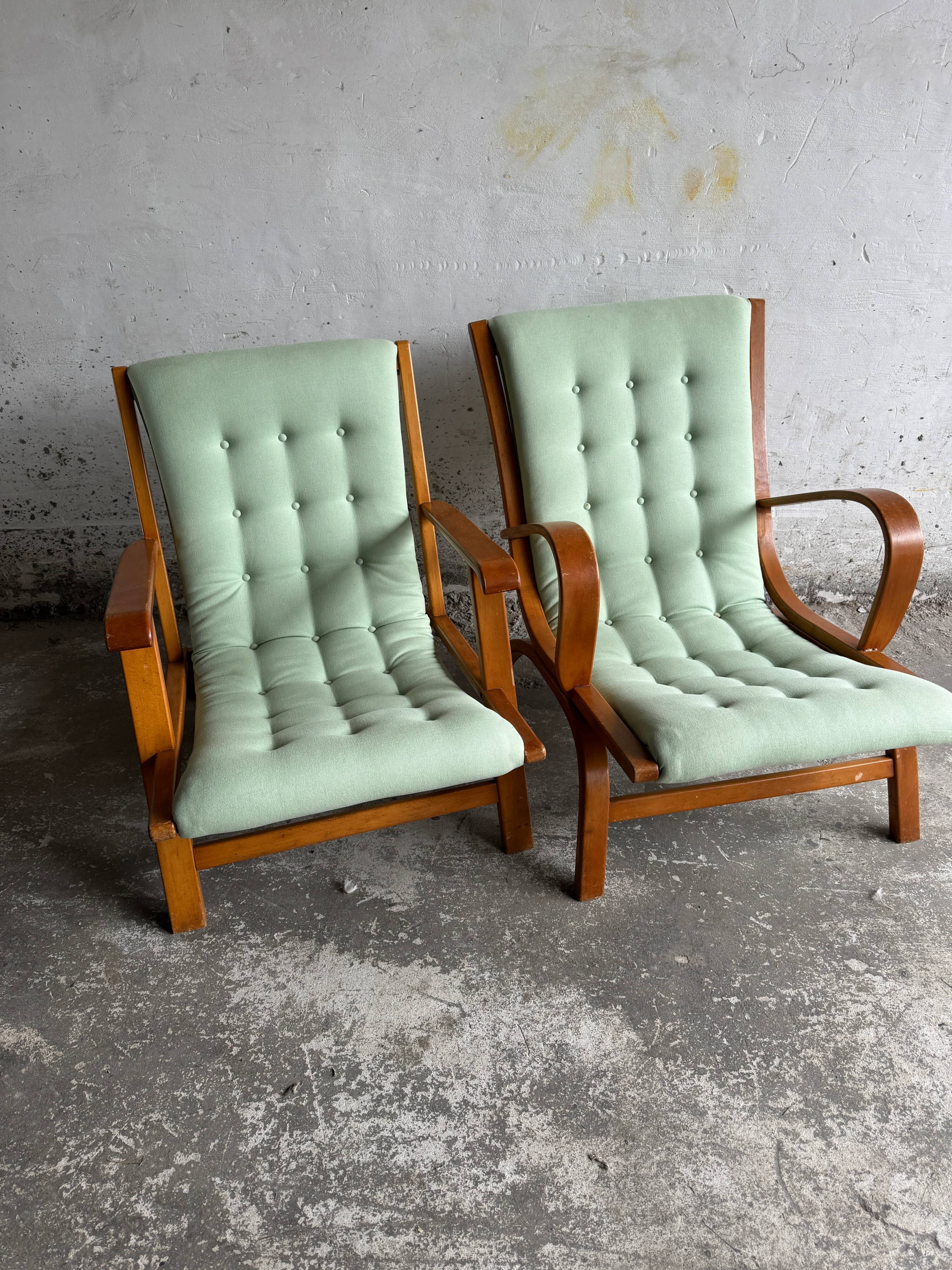 Set of 2 Vintage Mint Green Upholstered Lounge Chairs with Honey Wood Frames