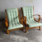 Set of 2 Vintage Mint Green Upholstered Lounge Chairs with Honey Wood Frames
