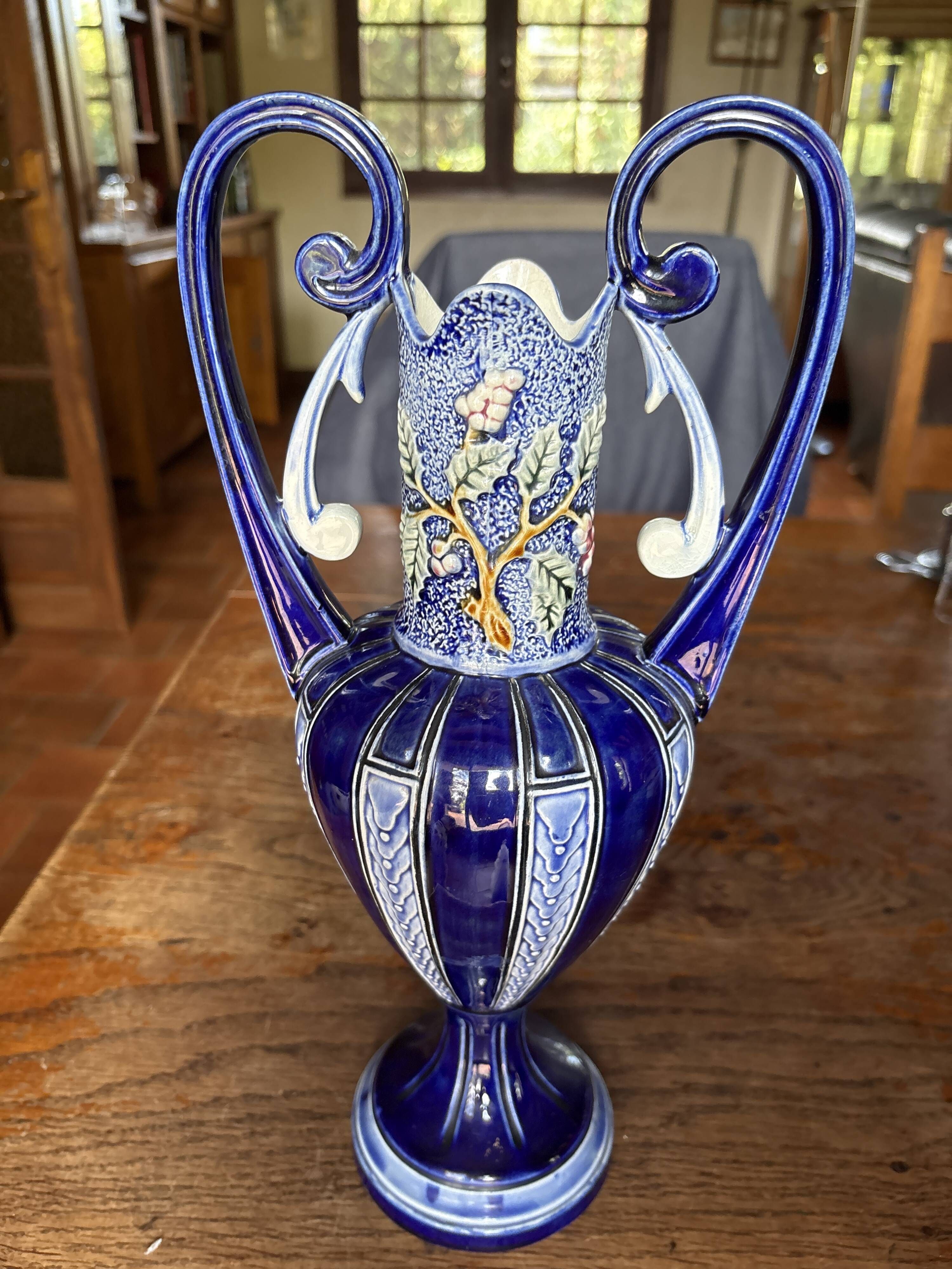 Art Nouveau amphora vase in glazed earthenware (barbotine style)