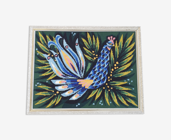 Tapisserie oiseau coq bleu