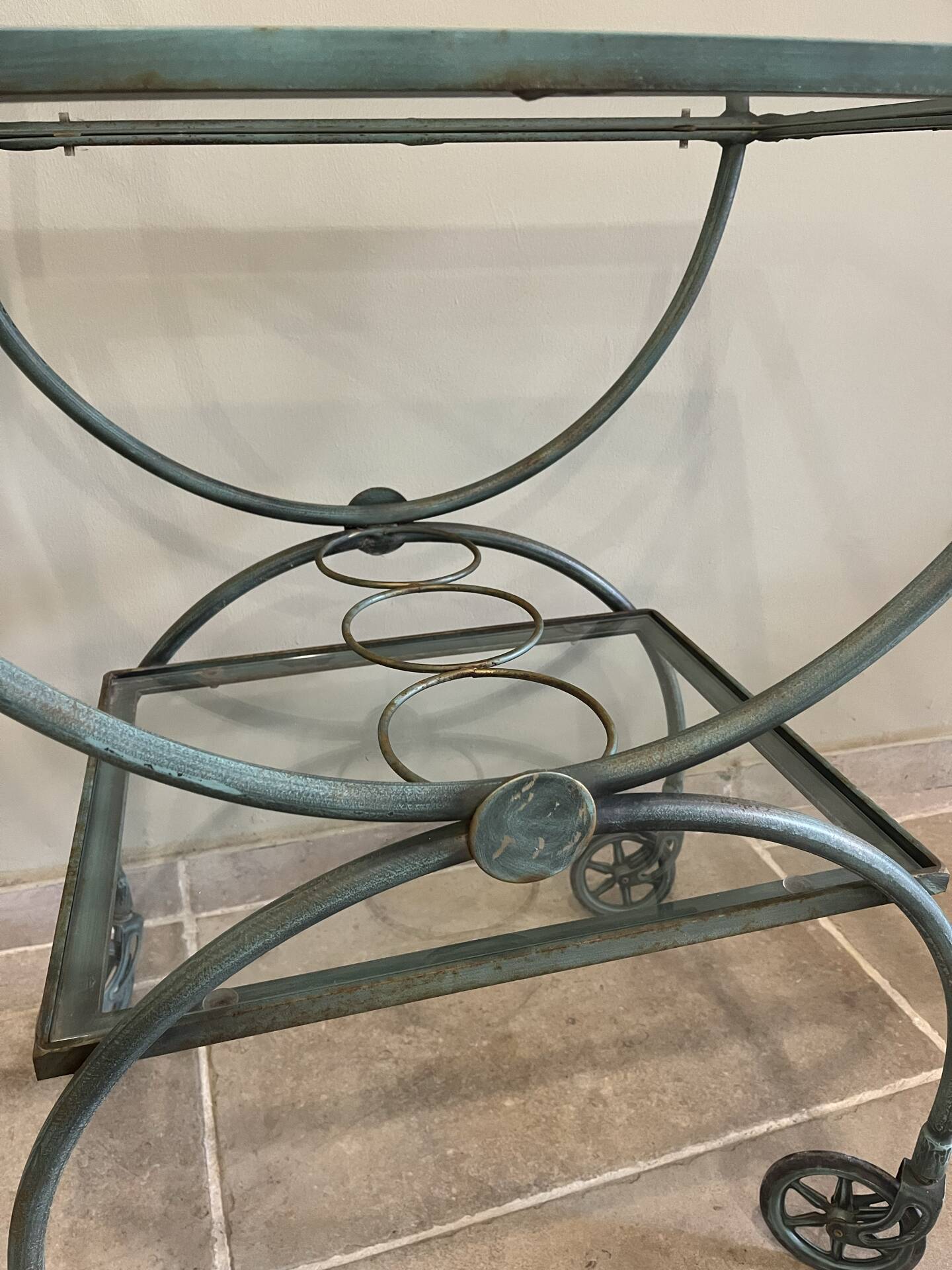 Patinated green-grey wrought iron dessert table