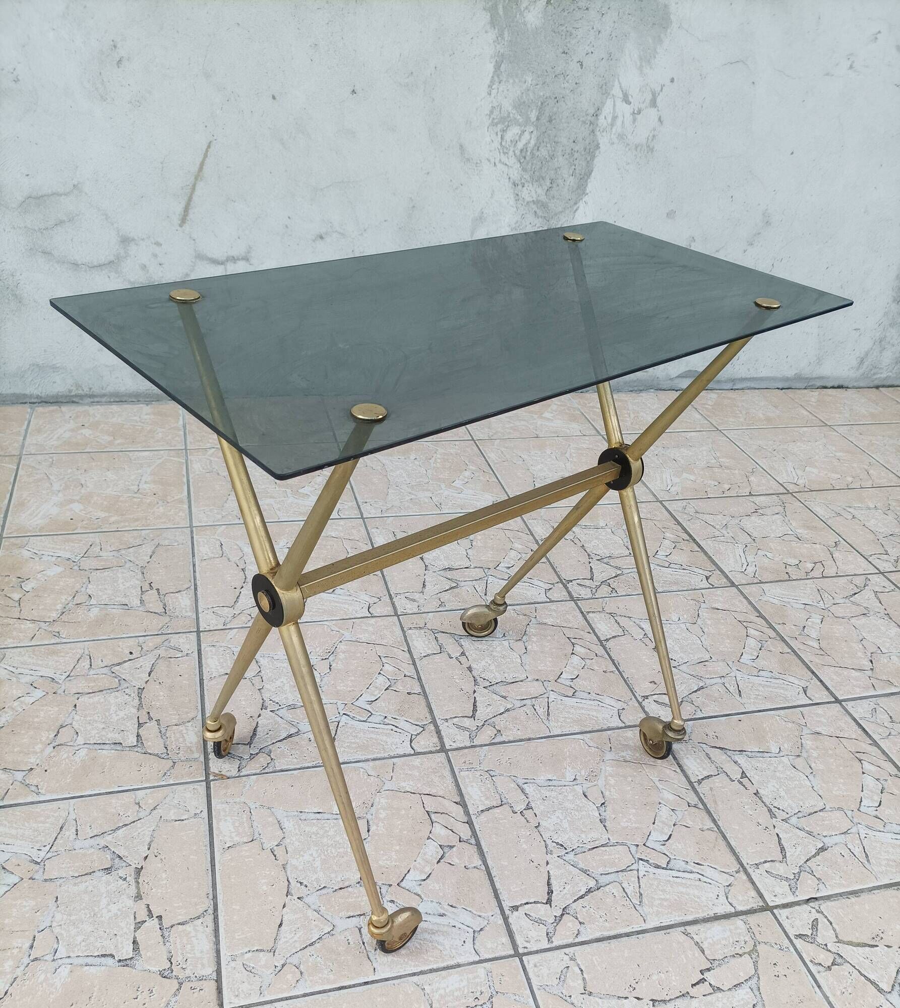 Vintage dessert trolley in brass and smoked glass 1960