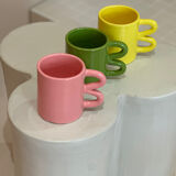Mug cup ceramic handle graphic wave design colorful lemon yellow