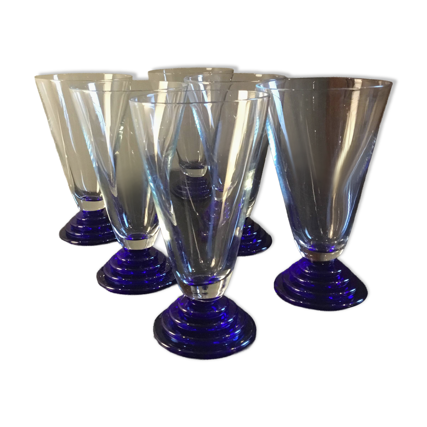 6 cobalt blue Art Deco footed glasses