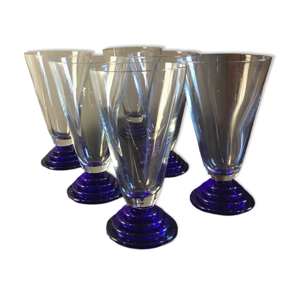 6 verres à pieds Art déco bleu cobalt