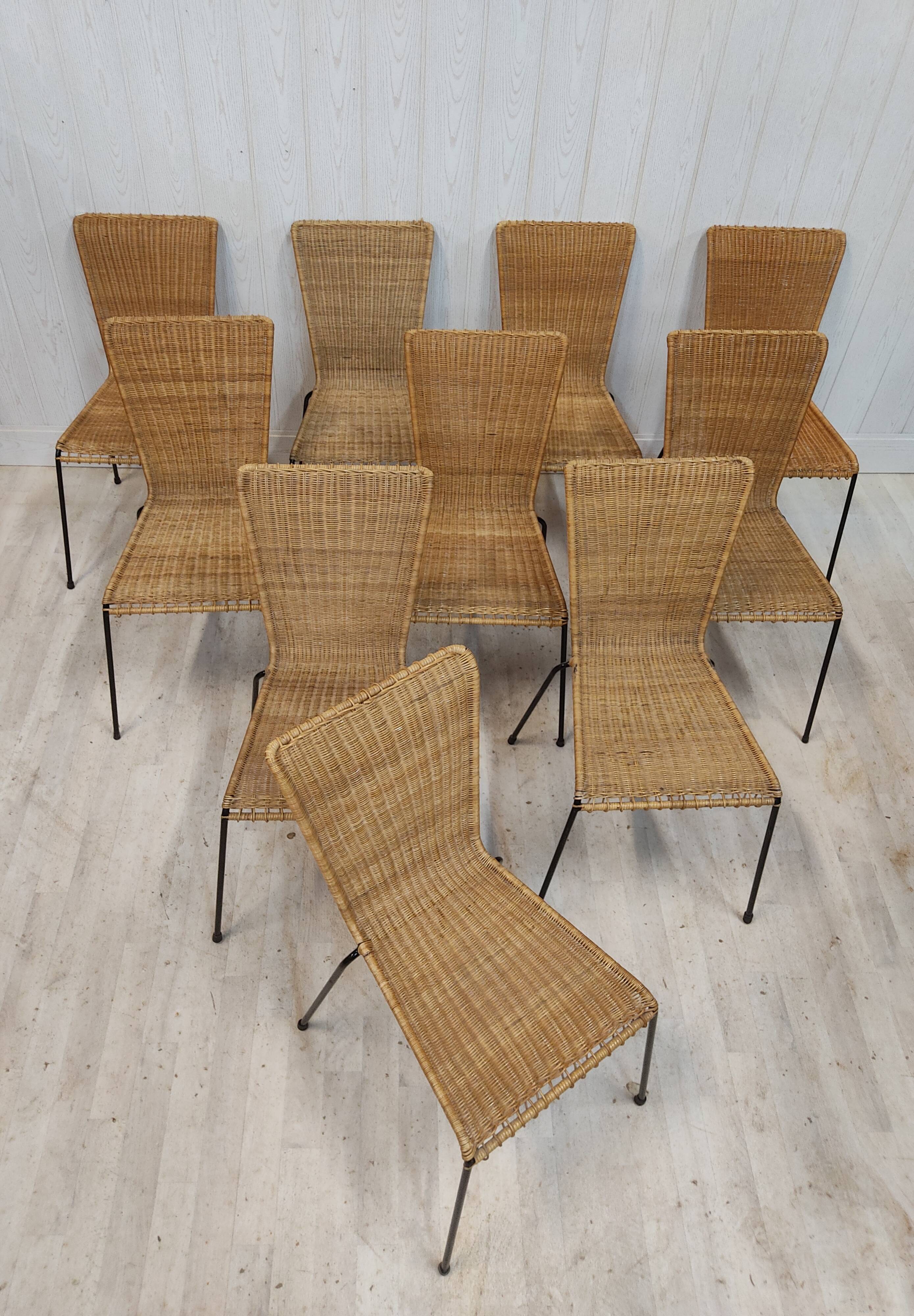 Lot de 10 chaises vintage osier et métal