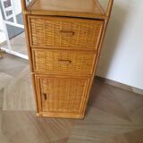 Storage column, bookcase in wood and woven rattan