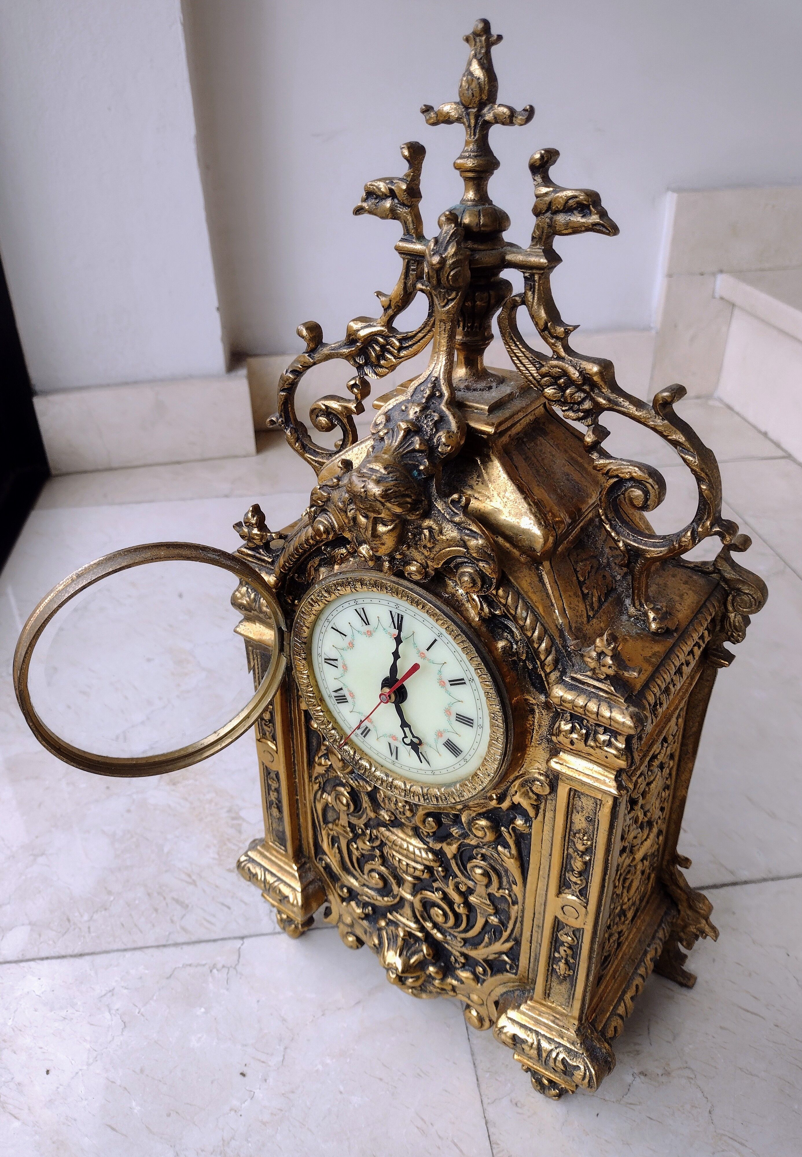 Gilt brass gothic mantle clock